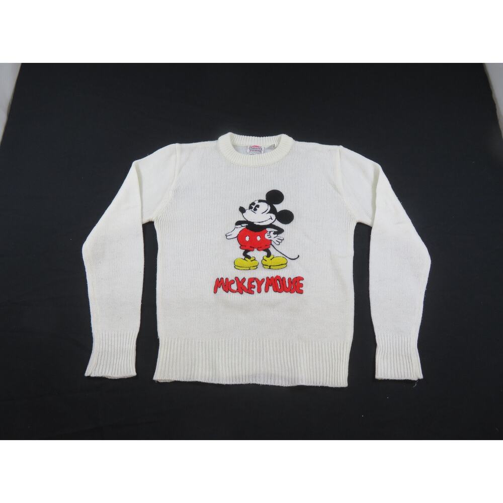 Mickey Mouse Sweater, Disney Character Fashions, Knit Ivory Red Black Sz L 1980s